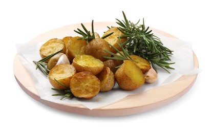 Delicious baked potatoes with rosemary isolated on white