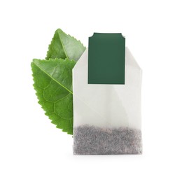 Image of Tea bag with leaves on white background