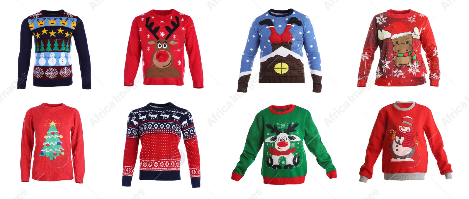 Image of Set of warm Christmas sweaters on white background. Banner design