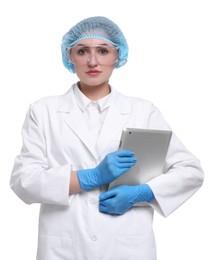 Quality control. Food inspector with tablet on white background