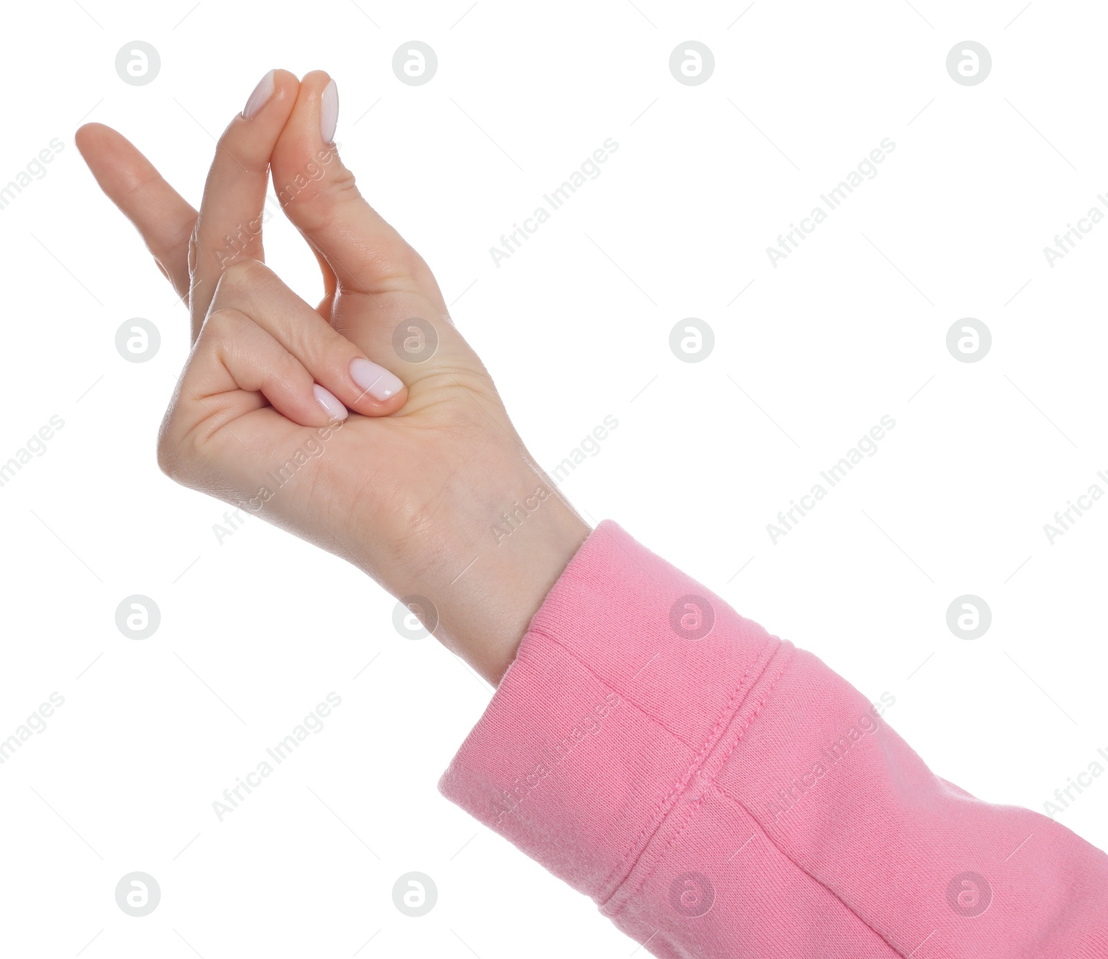 Photo of Woman snapping fingers on white background, closeup of hand