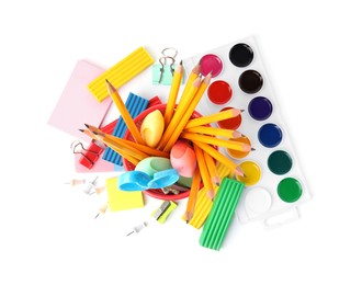 Photo of Many different school stationery on white background, top view