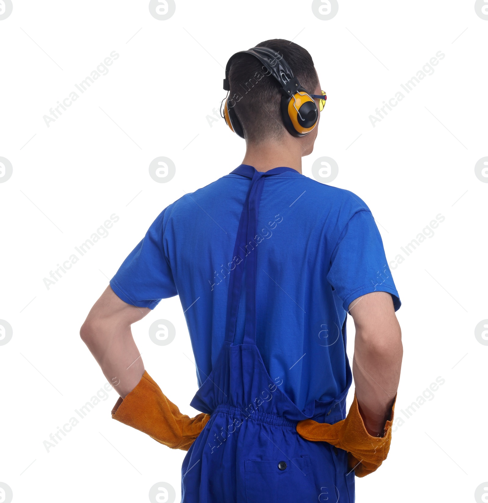 Photo of Young man wearing safety equipment on white background