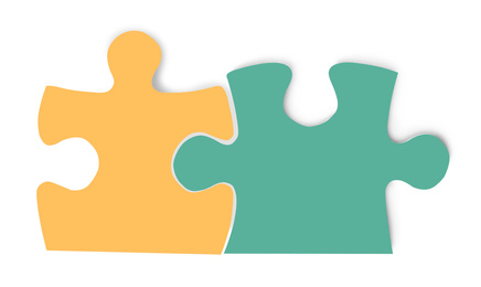 Image of  Color jigsaw puzzle pieces on white background, top view