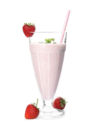 Tasty fresh milk shake and strawberries on white background