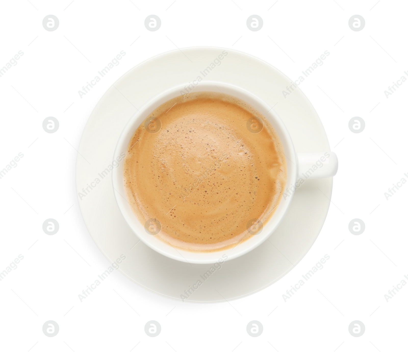 Photo of Cup of aromatic hot coffee on white background, top view