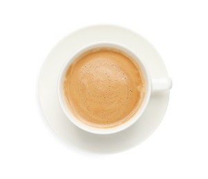 Photo of Cup of aromatic hot coffee on white background, top view