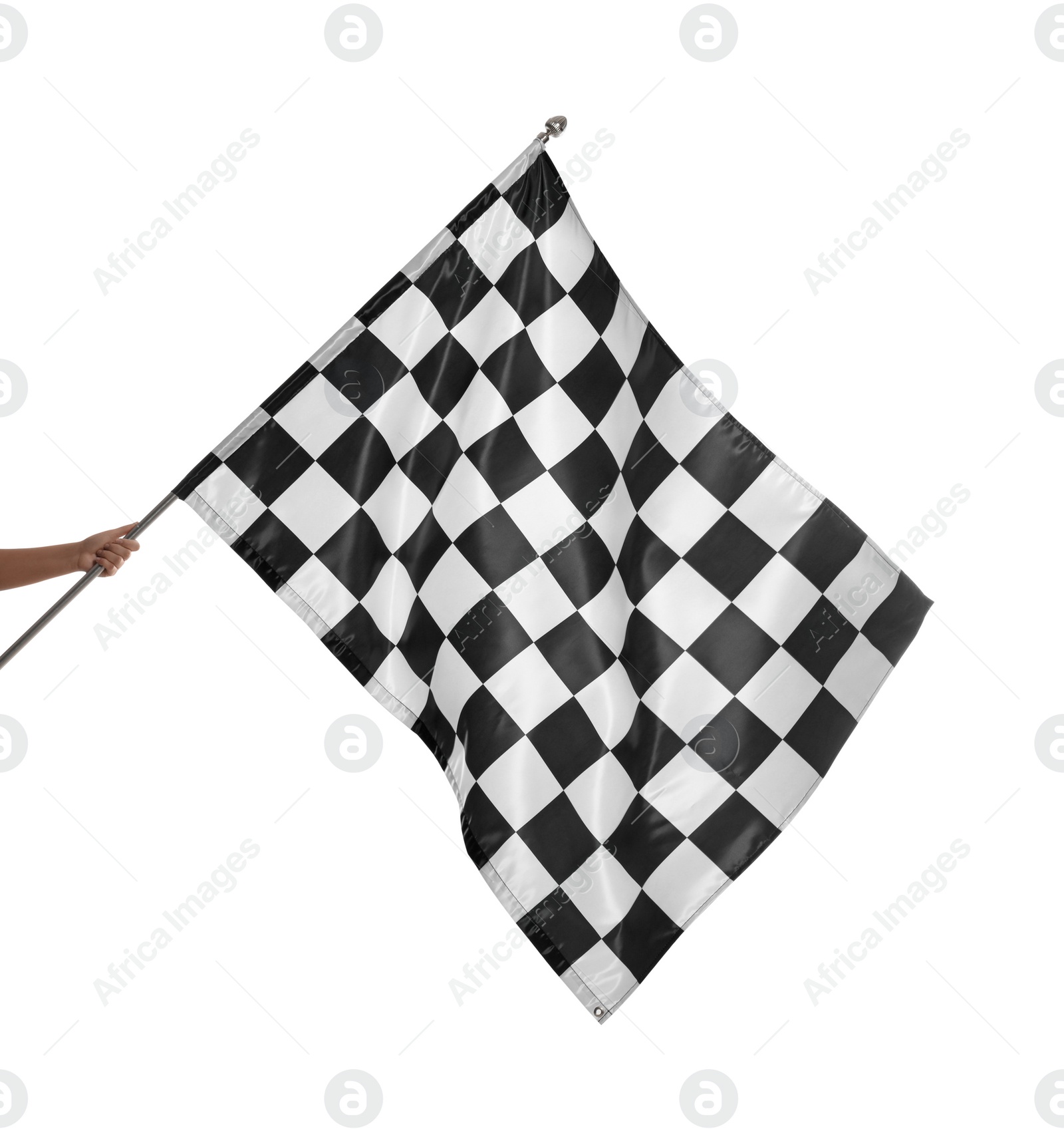 Photo of One checkered finish flag isolated on white