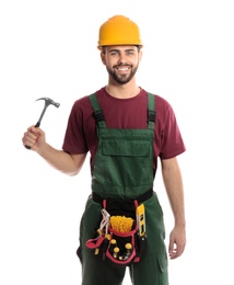 Photo of Portrait of professional construction worker with hammer and tool belt on white background