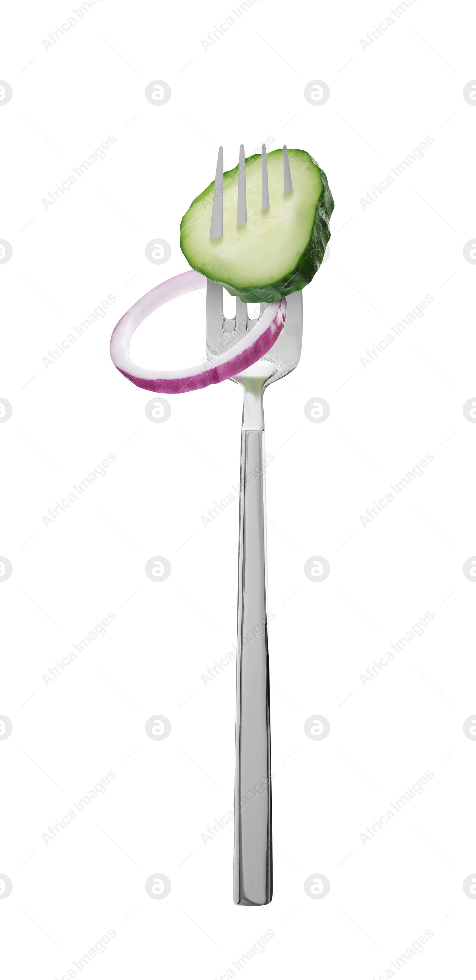 Image of Fork with fresh onion and slice of cucumber isolated on white