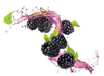 Image of Fresh blackberries and juice in air on white background