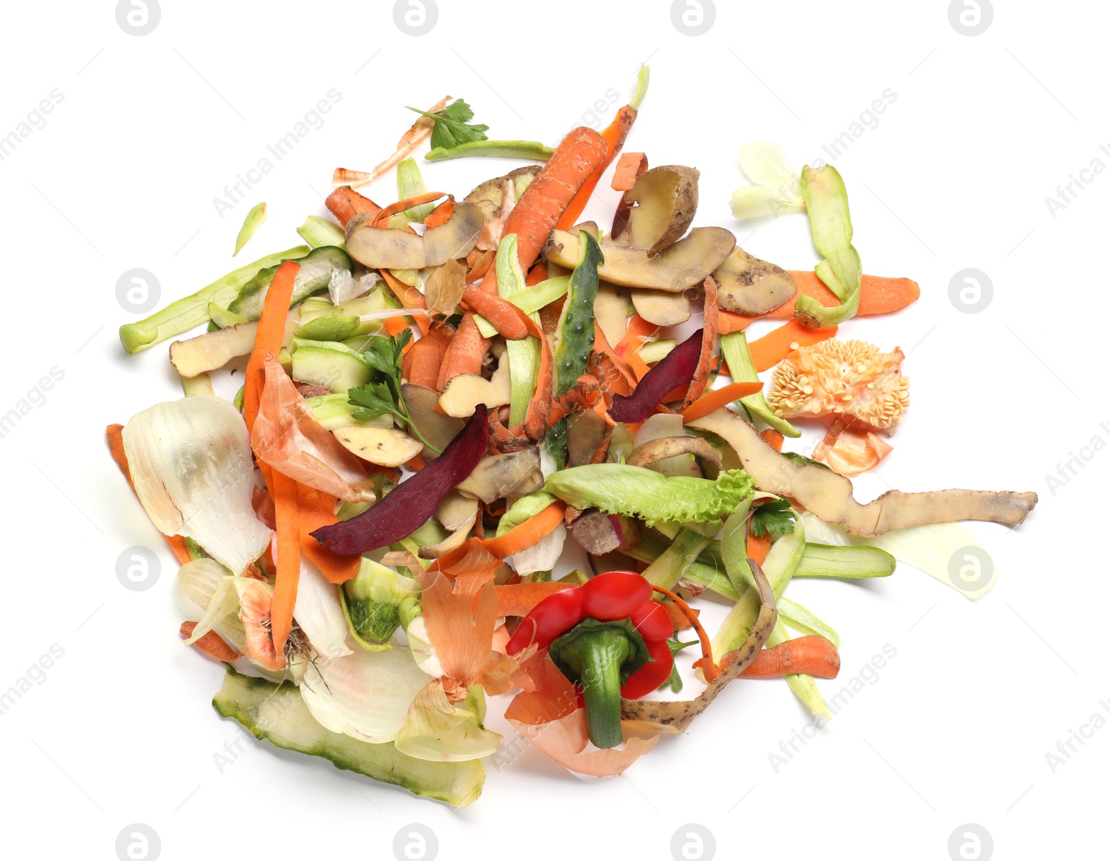 Photo of Peels of fresh vegetables isolated on white, top view