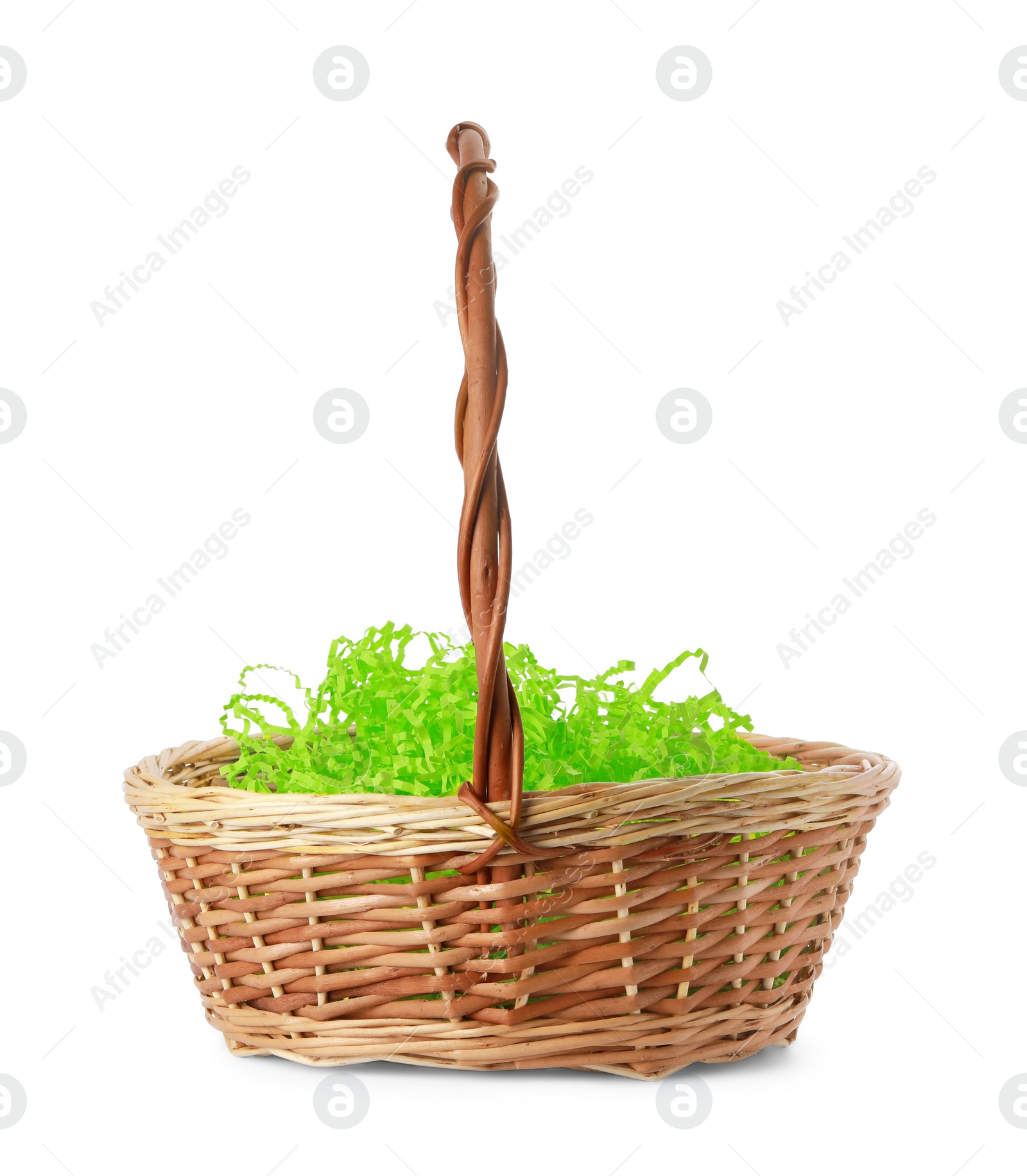 Photo of Easter wicker basket with decorated grass isolated on white