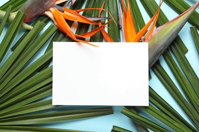 Photo of Creative composition with tropical flowers, green foliage and card on color background, top view