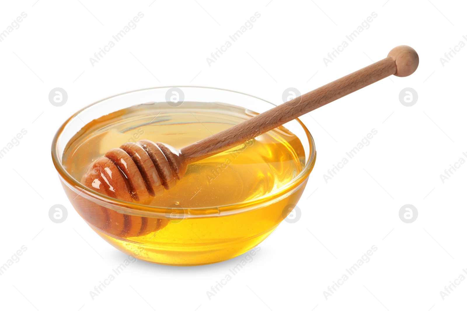 Photo of Tasty honey in bowl and dipper isolated on white