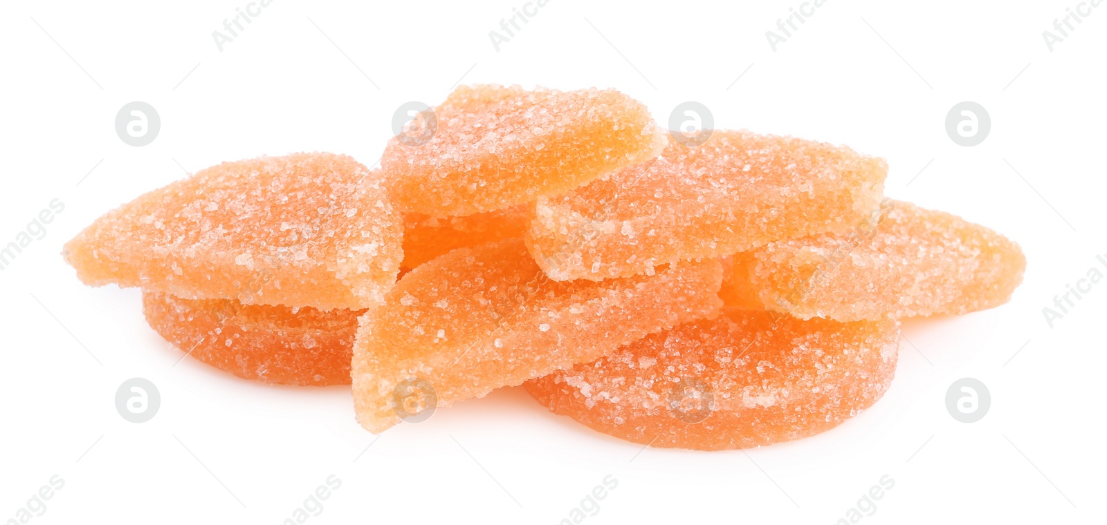 Photo of Sweet orange jelly candies on white background