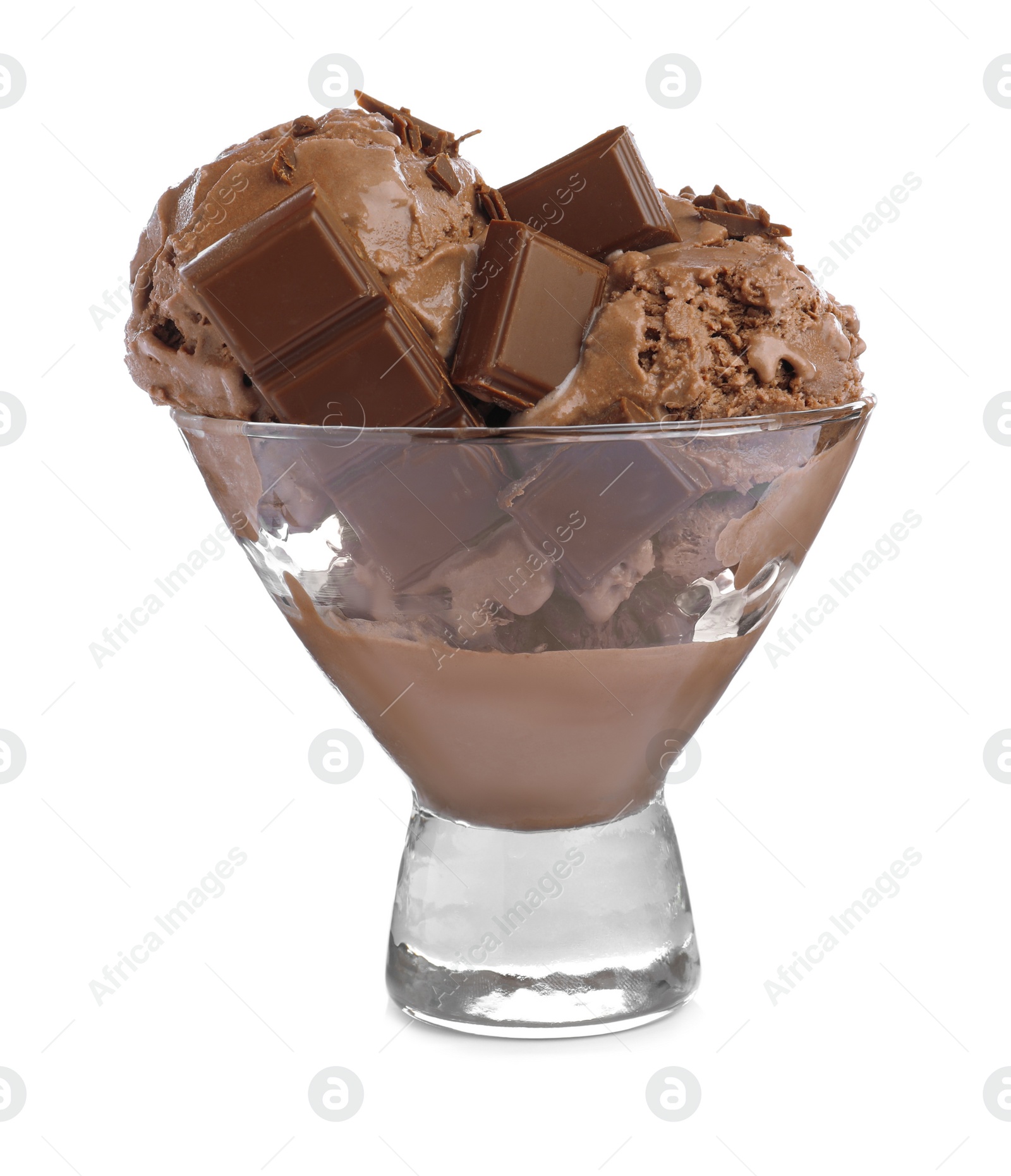 Photo of Delicious chocolate ice cream in glass dessert bowl isolated on white