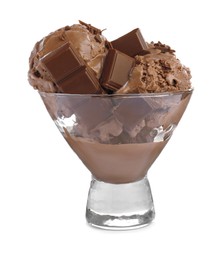 Photo of Delicious chocolate ice cream in glass dessert bowl isolated on white