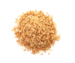 Photo of Buckwheat flakes on white background. Healthy grains and cereals