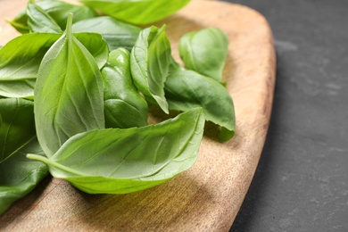 Photo of Fresh basil leaves on wooden board, closeup