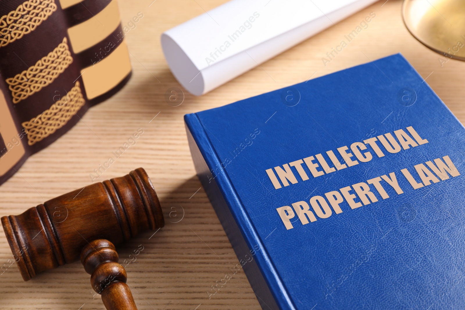 Image of Intellectual Property law book and judge's gavel on wooden table