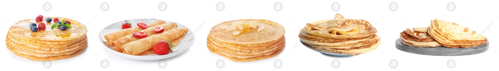 Image of Set of tasty thin pancakes on white background. Banner design