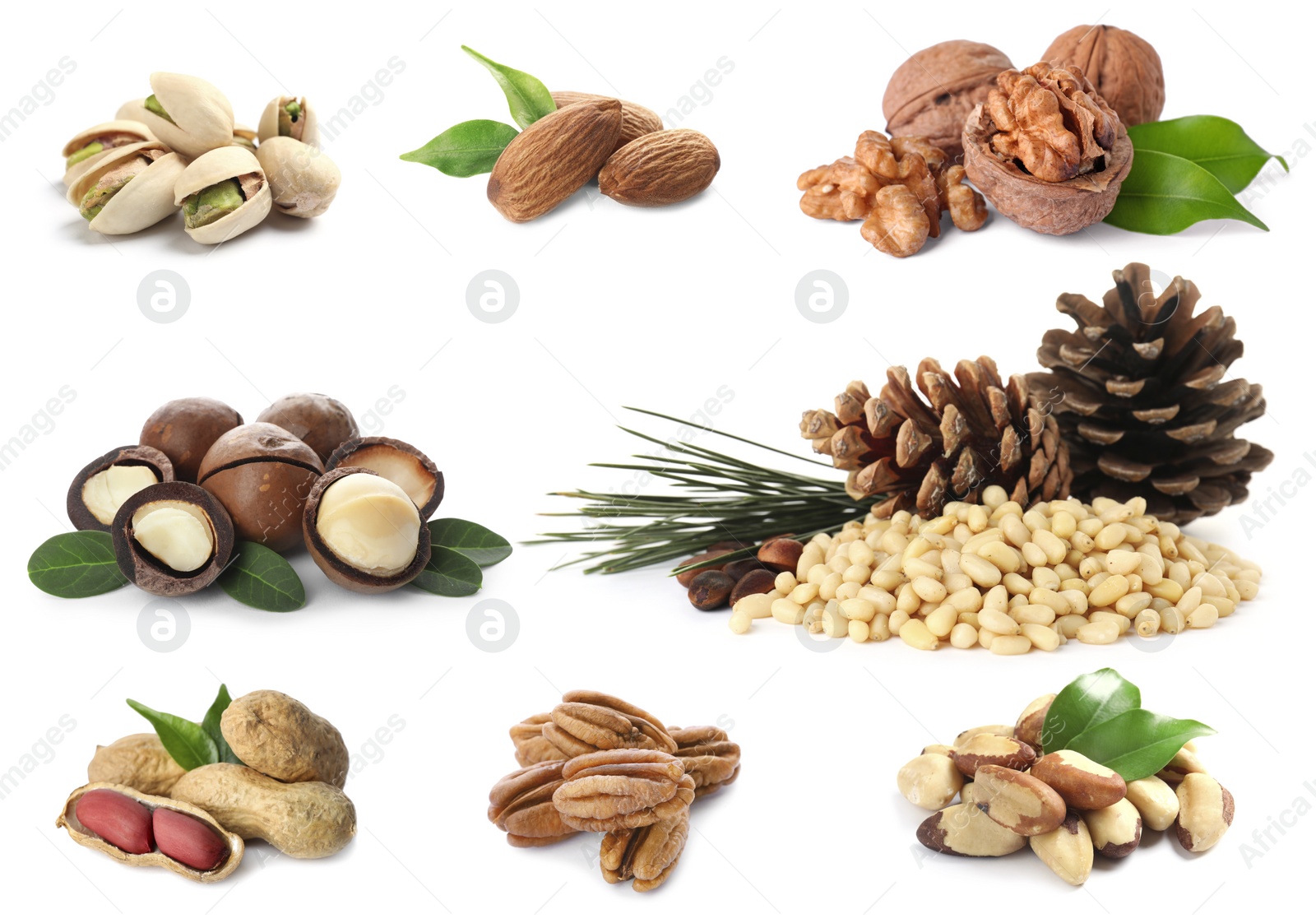 Image of Set of different nuts on white background