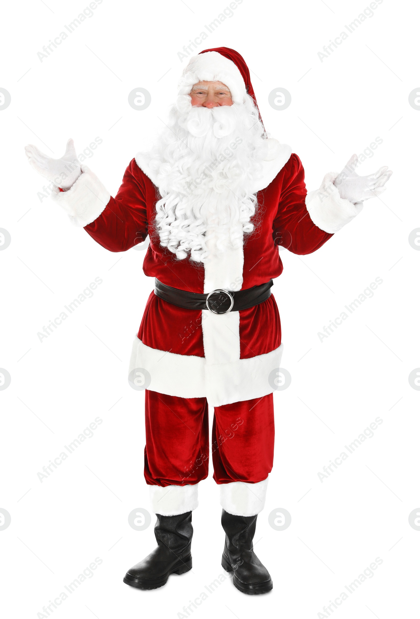 Photo of Happy authentic Santa Claus on white background