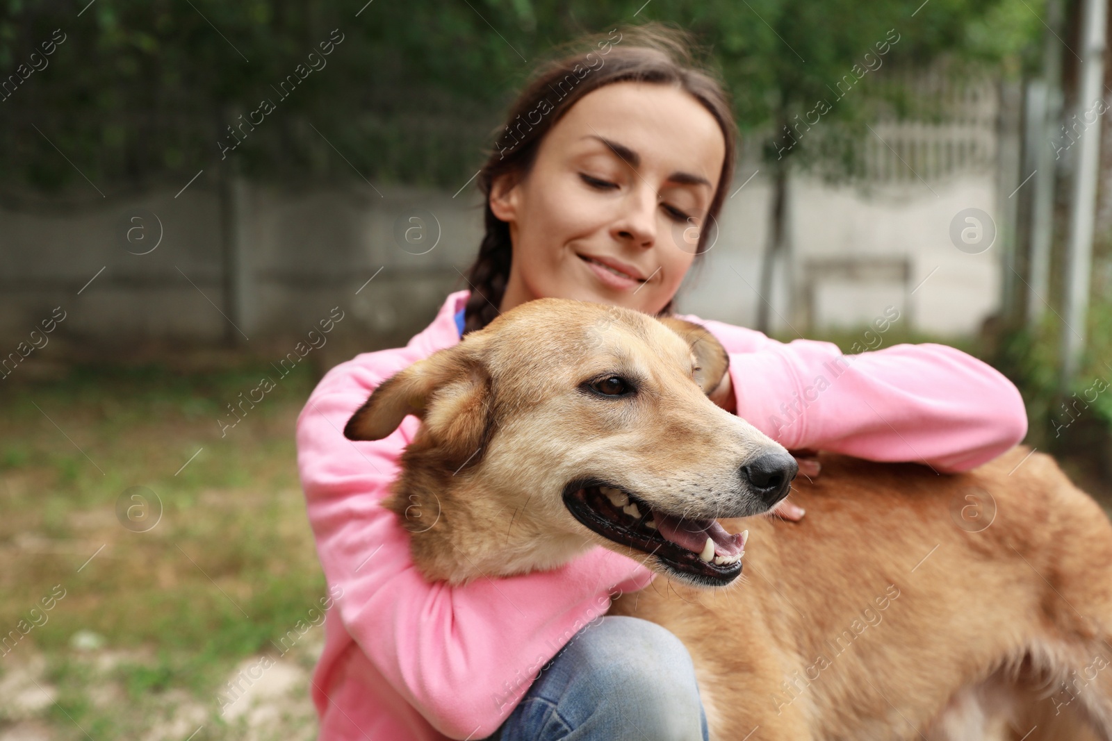 Photo of Female volunteer with homeless dog at animal shelter outdoors