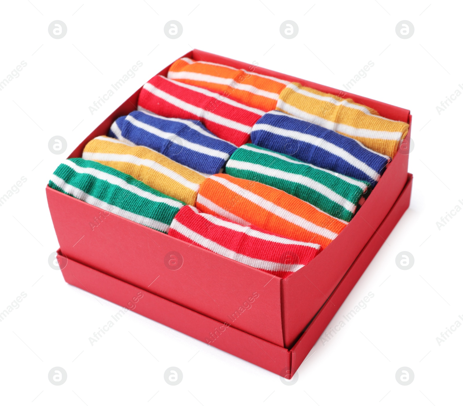 Photo of Box with cute child socks on white background