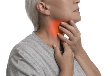 Image of Endocrine system. Mature woman doing thyroid self examination on white background