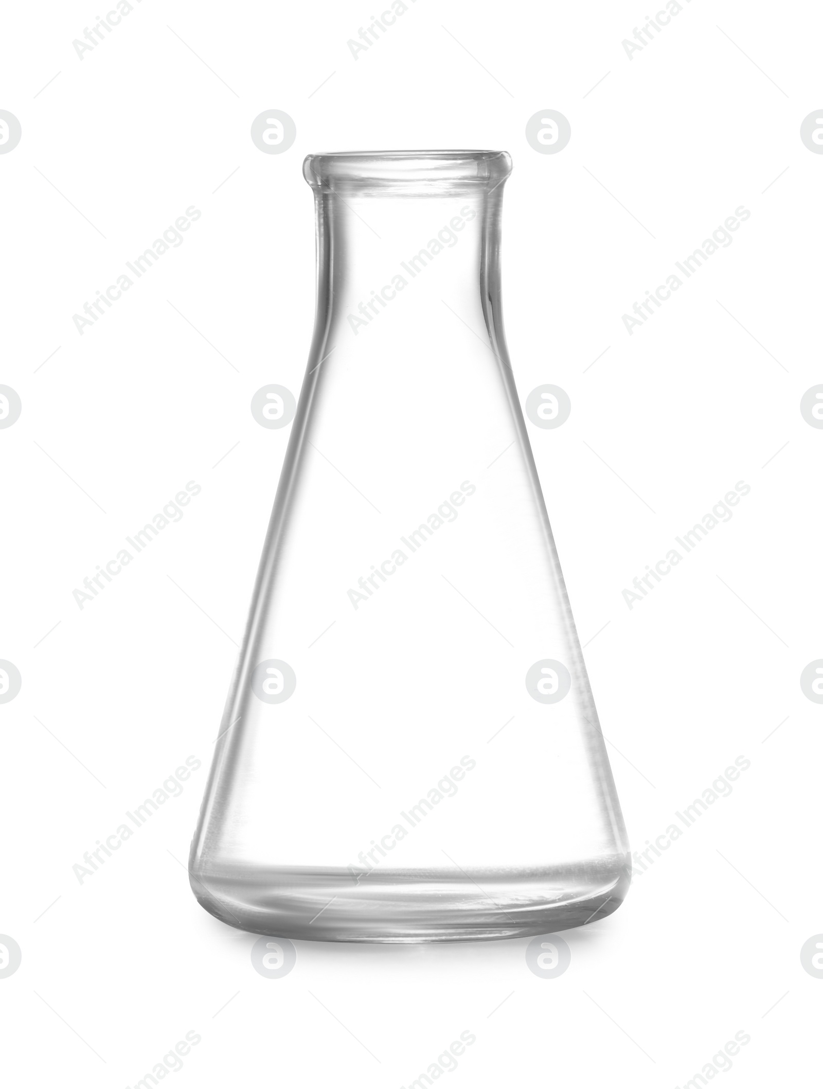 Photo of Empty conical flask on white background. Chemistry glassware