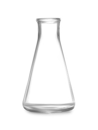 Photo of Empty conical flask on white background. Chemistry glassware