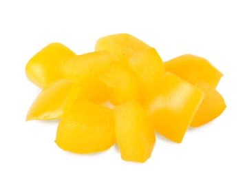Photo of Diced yellow bell pepper isolated on white
