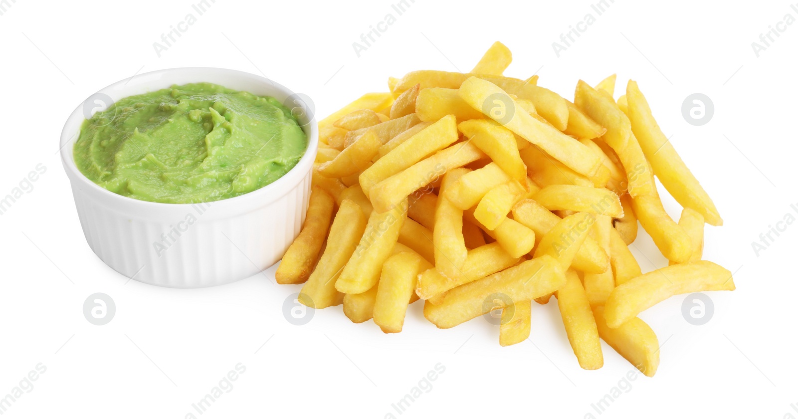 Photo of Pile of french fries and dish with avocado dip on white background