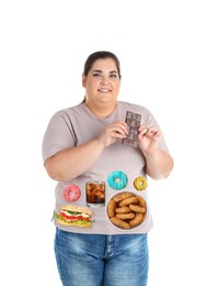 Image of Overweight woman with images of different unhealthy food on her belly against white background