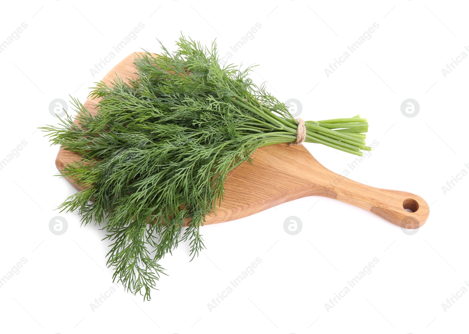 Photo of Board with fresh green dill isolated on white, above view