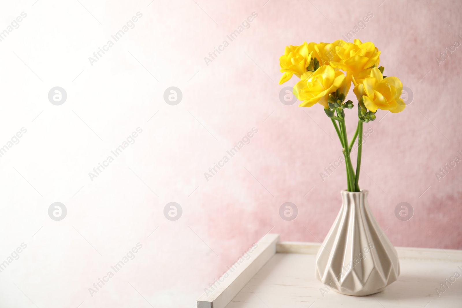 Photo of Bouquet of spring freesia flowers in vase on color background. Space for text