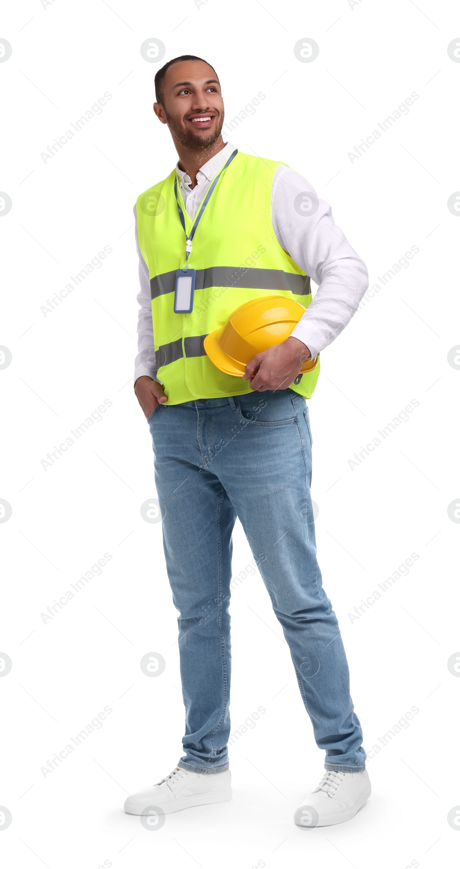 Photo of Engineer with hard hat and badge on white background