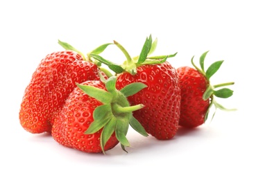 Photo of Fresh ripe strawberries on white background. Healthy snack