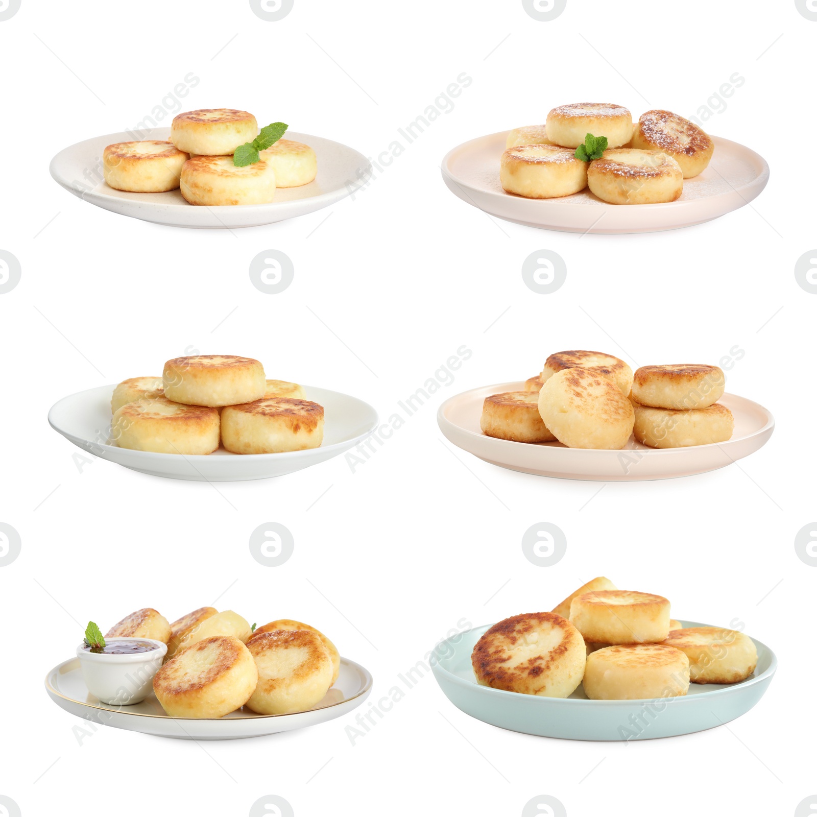 Image of Set with delicious cottage cheese pancakes on white background 