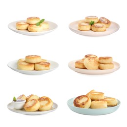 Set with delicious cottage cheese pancakes on white background 