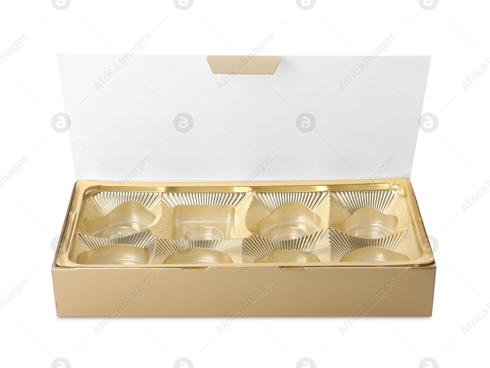 Photo of Empty box of chocolate candies isolated on white