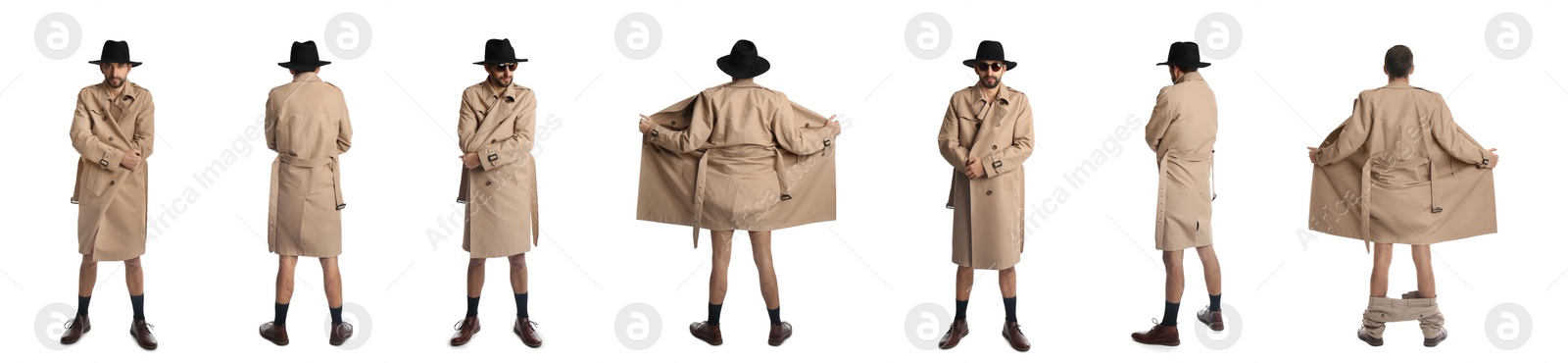 Image of Collage with photos of exhibitionist in coat and hat on white background. Banner design