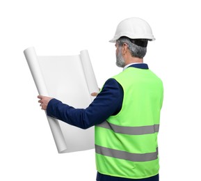 Photo of Architect in hard hat holding draft on white background, back view