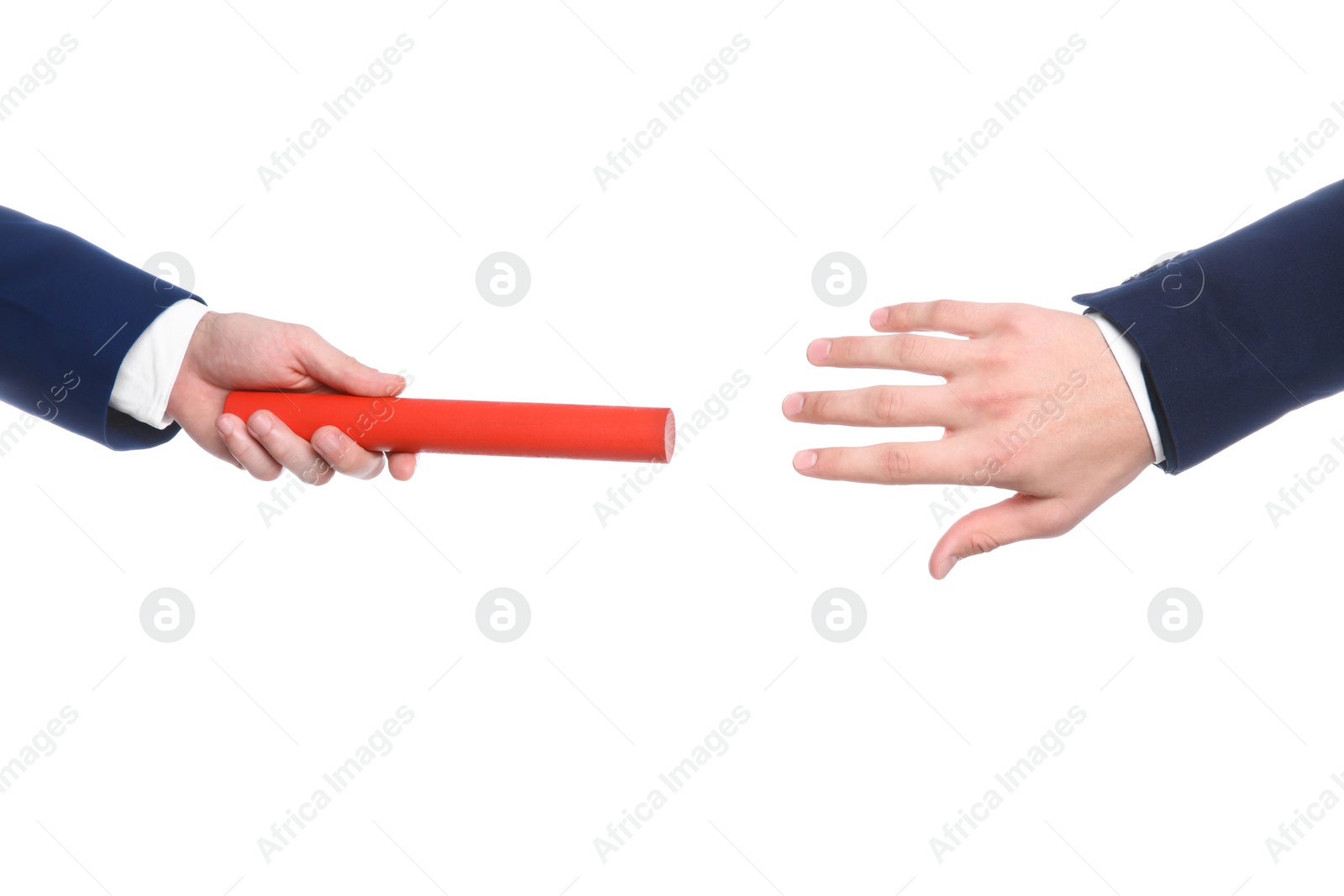 Photo of Businessman passing baton to his partner on white background, closeup