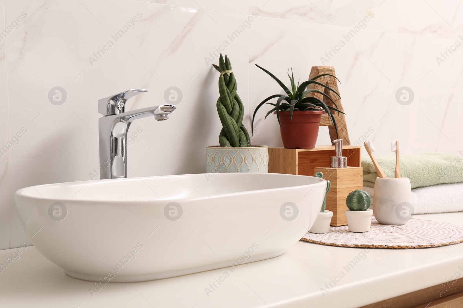 Photo of Vessel sink and different houseplants on countertop in bathroom