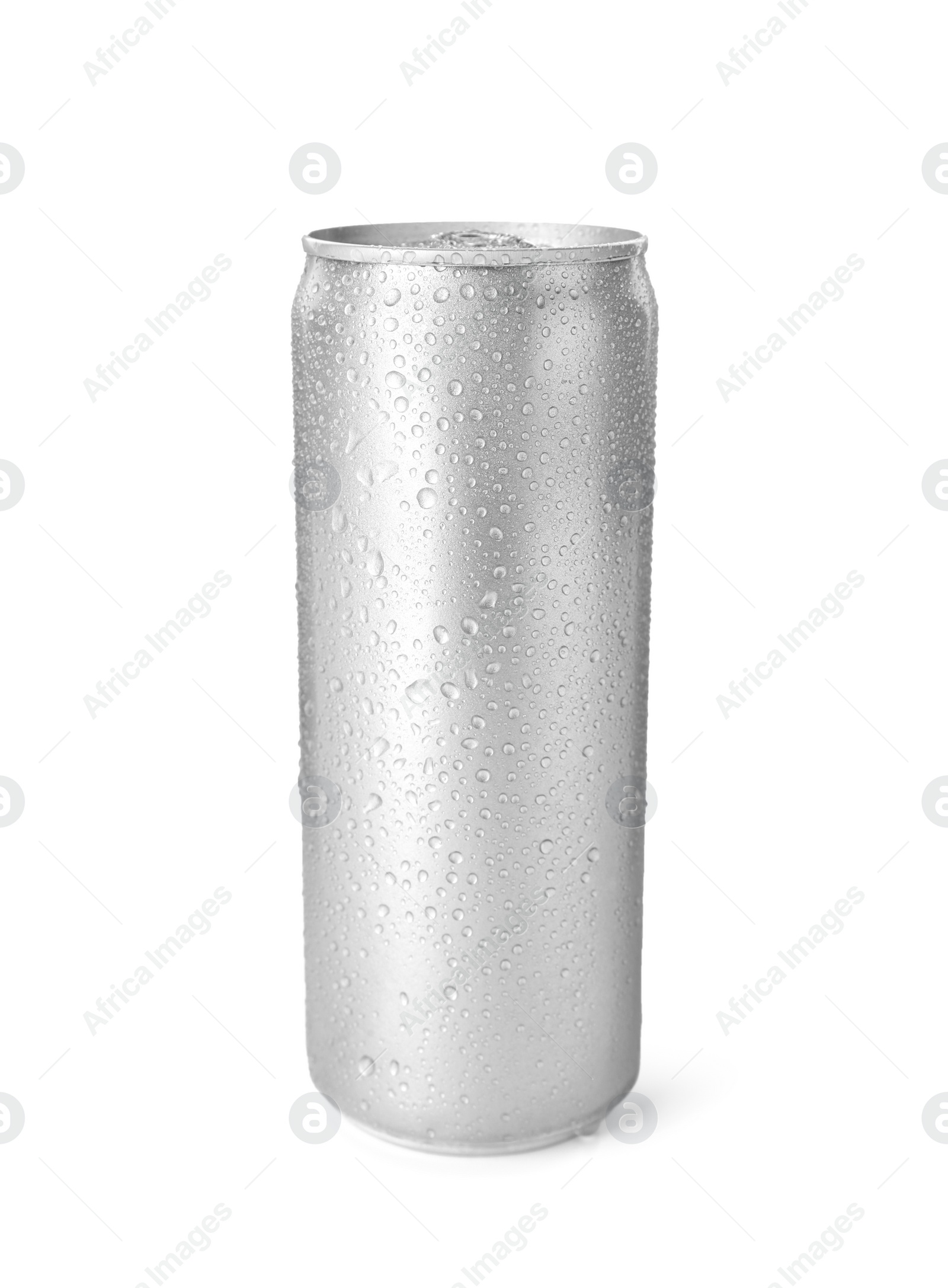 Photo of Empty aluminum can with beverage on white background. Mockup for design