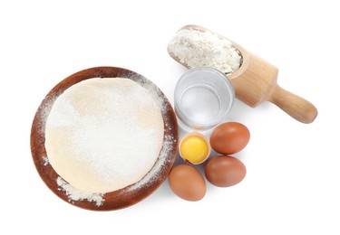 Photo of Dough and ingredients on white background, top view. Sodawater bread recipe