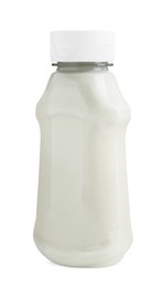 Fresh mayonnaise sauce in glass bottle isolated on white